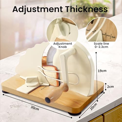 Manual Bread Slicer for Homemade Bread, Bread Cutter for Adjustable and Even Slices, Classic Hand Crank Sourdough Slicer with Scale Line & Powerful Suction Cup, Sharp Stainless Steel Blade (Cream) - color: Cream