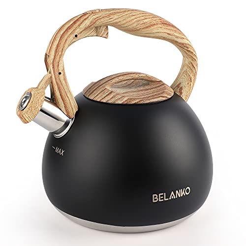 BELANKO 2.7 Quart Tea Kettle for Stovetops - Food Grade Stainless Steel Teapot with Loud Whistle, Cool-Touch Wood Pattern Handle, Rust-Resistant Whistling Kettle - Matte Black - color: Matte Black