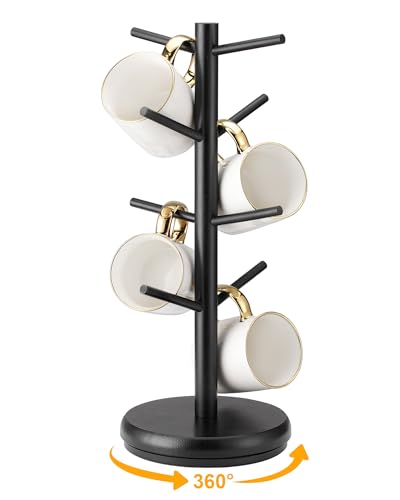 Lorbro Coffee Mug Tree, 360° Rotated Mug Holder with 8 Hooks, Wooden Coffee Cup Holder Rack Stand Accessories for Countertop Kitchen Decor Organizer - size: Rotatable