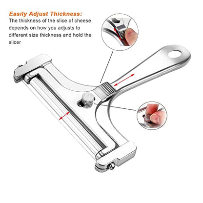 Cheese Slicer With Adjustable Thickness - Stainless Steel Cheese Cutter with Wire - Hand Held Cheese Cutter for Cheddar, Gruyere, Raclette, Mozzarella Cheese Block, Adjustable Cheese Shaver