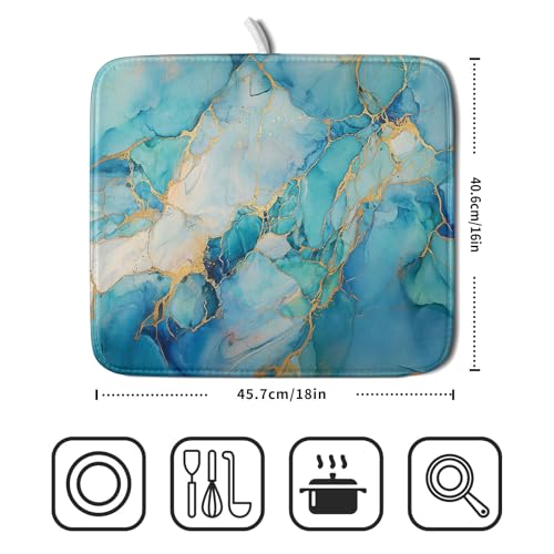 Marble Print Dish Drying Mat for Kitchen Counter,Blue Teal Turquoise Gold Drying Mat 16 x 18 Inch with Absorbent Reversible Microfiber Drying Pad for Coffee Bar - size: 16" x 18"