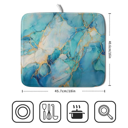 Marble Print Dish Drying Mat for Kitchen Counter,Blue Teal Turquoise Gold Drying Mat 16 x 18 Inch with Absorbent Reversible Microfiber Drying Pad for Coffee Bar - size: 16" x 18"