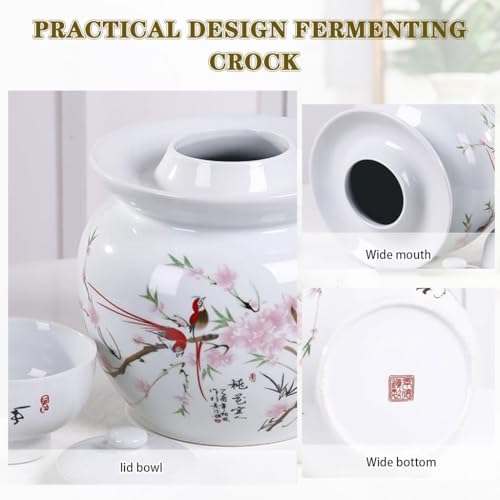 Peach Blossom and Bird Pattern Pickle Jar, Jingdezhen Porcelain with Ink Painting, Double-lid Fermentation Crock, Water-Sealed Ceramic Kimchi Jar(1.75kg/61.7oz) - size: 1.75kg/61.7oz
