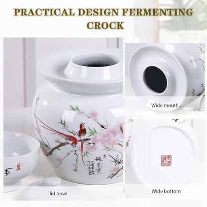Peach Blossom and Bird Pattern Pickle Jar, Jingdezhen Porcelain with Ink Painting, Double-lid Fermentation Crock, Water-Sealed Ceramic Kimchi Jar(1.75kg/61.7oz) - size: 1.75kg/61.7oz