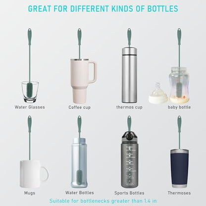 15.7" Silicone Bottle Brush, ddLUCK Water Bottle Cleaner Brush for Stanley, Hydroflasks, Glass, Thermos Sports Bottle, Vase and Glassware, Bottle Brush Cleaner for Small Narrow Neck Containers (Green) - color: Long Green