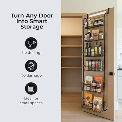 Over Door Organizer Storage - 6 Tier Black Metal Over the Door Pantry Organizer Heavy Duty Hanging Storage Rack, Behind Cabinet Shelves for Home, Kitchen, Bathroom, Closet, Pantry
