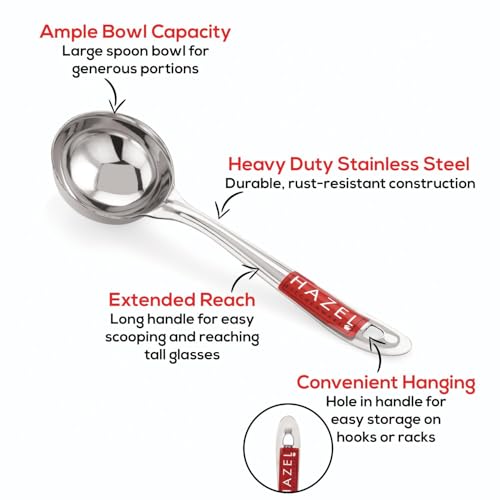 HAZEL Stainless Steel Ladle for Kitchen | 7.3 cm Dia Round Soup Serving Spoon | Heavy Duty Kitchen Spoodle for Cooking, Serving, Curry, Dosa, Gravy - size: Set of 1, style: Ladle