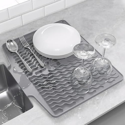 Silicone Dish Drying Mat for kitchen Countertop, Heat Resistant Mats, Dish Drainers for Kitchen counter, Hot Pot Holders, Dish Drying Rack with Built in Drain,(Gray, 15.6"x13") - color: Gray