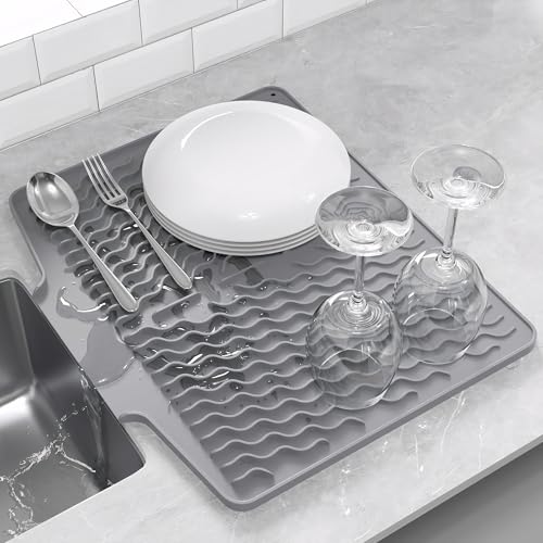 Silicone Dish Drying Mat for kitchen Countertop, Heat Resistant Mats, Dish Drainers for Kitchen counter, Hot Pot Holders, Dish Drying Rack with Built in Drain,(Gray, 15.6"x13") - color: Gray