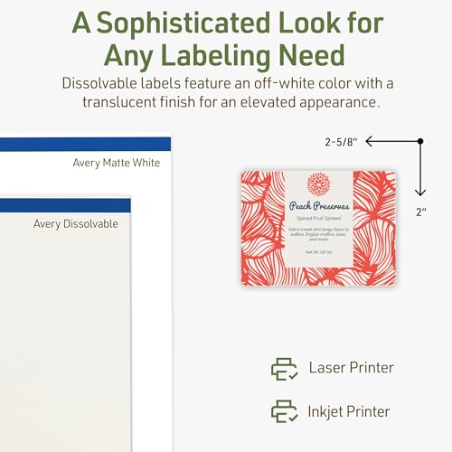 Avery Dissolvable Rectangle Labels, Sure Feed Technology, 2" x 2-5/8", Matte White, Laser/Inkjet Printable, 150 Labels Total, Freezer-Safe, Microwave-Safe, Refrigerator-Safe - style: 150 labels