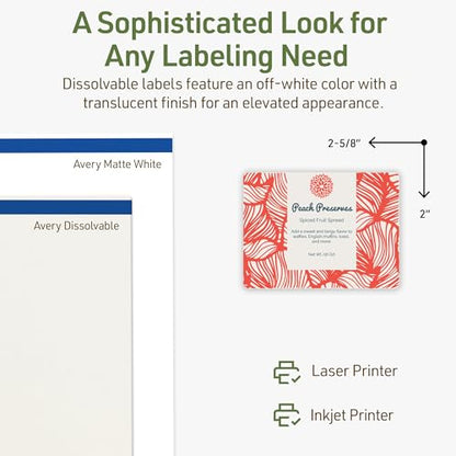 Avery Dissolvable Rectangle Labels, Sure Feed Technology, 2" x 2-5/8", Matte White, Laser/Inkjet Printable, 150 Labels Total, Freezer-Safe, Microwave-Safe, Refrigerator-Safe - style: 150 labels