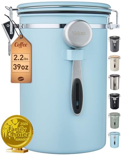 Veken Coffee Canister, 39OZ Large, Airtight Stainless Steel Food Storage Container for 2.2lbs Coffee Beans, Ground, Sugar, Tea, Cookie, Flour, Kitchen Bar Accessories with Date Tracker & Scoop, Blue - color: Light Blue, size: 39 oz