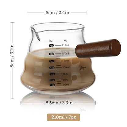Joeyan 7 oz Glass Measuring Cup, Espresso Shot Glasses with Spout and Wooden Handle, Clear Milk Frothing Pitcher, Wave Shaped Borosilicate Espresso Bar Accessories for Coffee - color: Clear wavy espresso cup