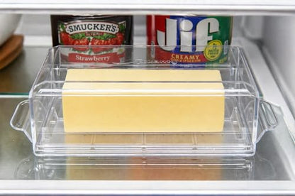 Pikanty Airtight Butter Dish with Hinged Lid - Large Plastic Butter Container for Countertop or Fridge, Fits East & West Coast Sticks, Dishwasher Safe, Made in USA - style: Butter Dish