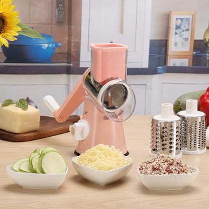 Cambom Rotary Cheese Grater Hand Crank Cheese Shredder for Fresh Cheese, Vegetable, Nuts,Non-slip Suction Base，Three Blades,Pink - color: Pink, size: 3 BLADES