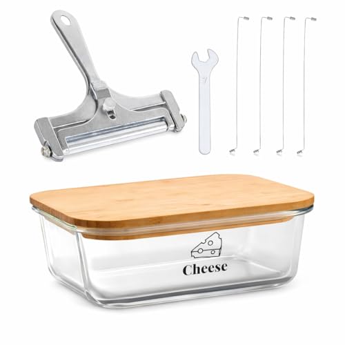 Cheese Container for Refrigerator,Glass cheese slice holder with Wooden Lid&Cheeses Cutter,Lunch Deli Meat Containers for Fridge,BPA-Free Shredded Cream Block Cheeses Storage Box keeper