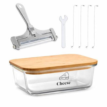 Cheese Container for Refrigerator,Glass cheese slice holder with Wooden Lid&Cheeses Cutter,Lunch Deli Meat Containers for Fridge,BPA-Free Shredded Cream Block Cheeses Storage Box keeper