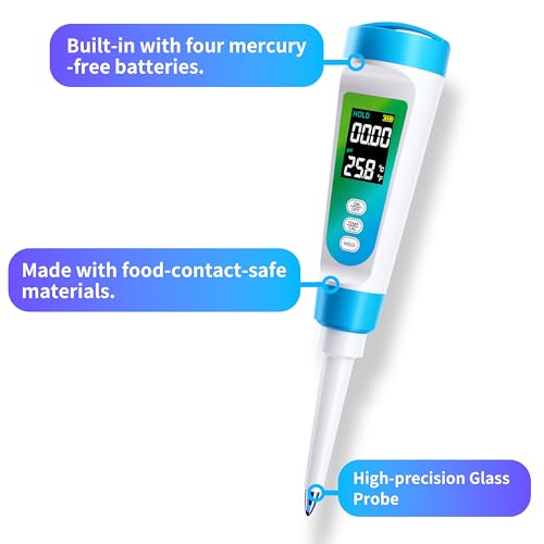 Food pH Meter for Semi-Solid & Liquid Foods, Food-Contact-Safe Housing, ±0.01 Accuracy, ATC, Waterproof, Color LCD, 3 Calibration Solutions Included