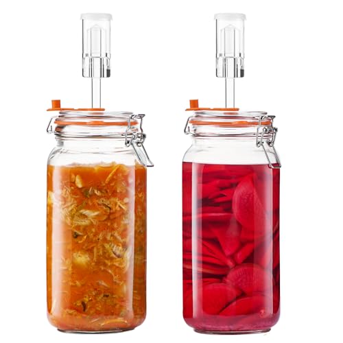 2L Fermentation Jar, Wide Mouth Glass Fermenting Kit wit Airlocks, 2-Pack | Fermentation Glass Jars With Self-Burping Airlocks for Sauerkraut, Kimchi, Pickles, Mead, Cider and Other Homemade Ferments