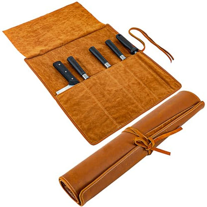 Knife Roll Bag Genuine Leather,Chefs Professional 5 Knives and Cookware,Perfect for The Traveling Chef,Travel Tool Roll Pouch,No Tools Included - color: 5 Slots brown