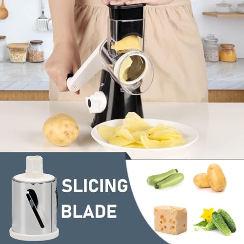 KEOUKE Rotary Cheese Grater Hand Crank Black - Shredder Slicer Grinder 3 Stainless Steel Blades, Stable Suction, Labor-Saving Handle, Safe Kitchen Tool for Cheese, Vegetable, Nuts, Chocolate