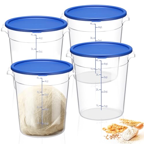 Suclain 4 Pcs 4 Qt Food Storage Container Bucket with Lids Clear Proofing Containers for Dough Rise Bread with Scale Handle Round Flour Commercial Storage Bucket for Home Restaurant Food - color: Blue