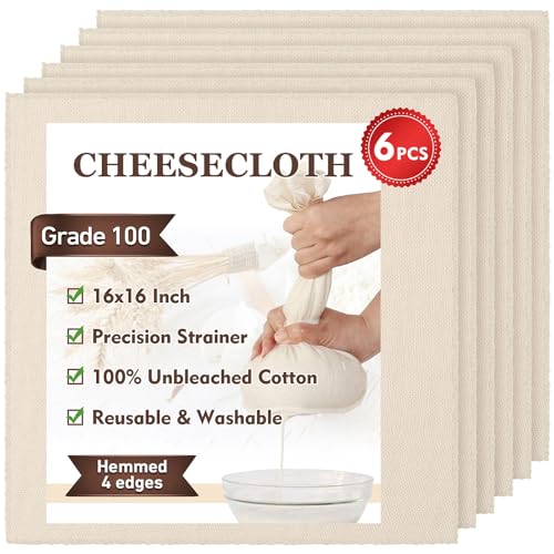 TOPULORS Cheesecloth 6 PCS, Precut 16x16 In, Hemmed 4 Edges, Grade 100 Ultra Fine 100% Unbleached Cotton - Reusable Cheese Making, Cooking, Straining Cloths for Nut Milk, Yogurt, Juicing, Filter, Etc - size: 6 PCS - 16x16 Inch