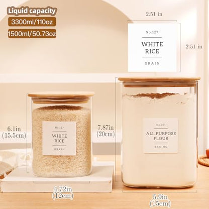 2 Pack large Square Glass Flour and Sugar Containers with 132 Kitchen Pantry Labels - 110 floz & 51 floz - Glass Jars with Airtight Bamboo Lid - Glass Rice Canisters for Coffee, Pasta, Cookie, Cereal - size: 110oz/51oz