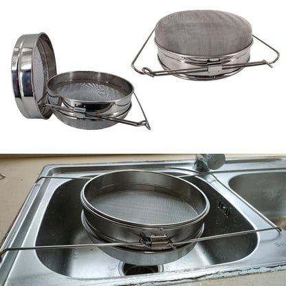 Honey Strainer Double Sieve Stainless Steel for 5 Gallon Bucket | Double sieve honey filter fits 5 gallon buckets, removes wax and debris, with adjustable arms for hands-free harvesting