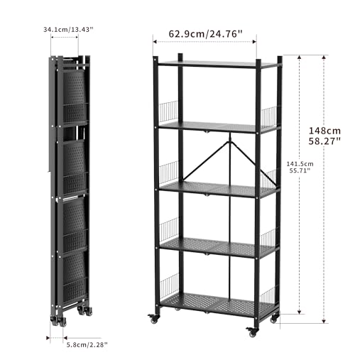 Heavy Duty Folding Shelves No Assembly, 5 Tier Metal Foldable Storage Shelves with Wheels, 220LBS Per Shelf Collapsible Rack for Garage Storage, Black - color: Black/5-tier