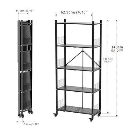 Heavy Duty Folding Shelves No Assembly, 5 Tier Metal Foldable Storage Shelves with Wheels, 220LBS Per Shelf Collapsible Rack for Garage Storage, Black - color: Black/5-tier