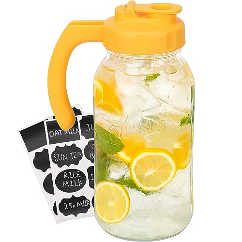 Soligt Glass Mason Jar Pitcher with Lid, Wide Mouth Flip Cap Pour Spout Leak-proof Lid with Handle, 64 oz (2 Quart /1.9 Liter), for Sun Tea/Iced Tea/Juice/Cold Brew Coffee/Milk (1 Pack, Vivid Yellow) - color: Vivid Yellow