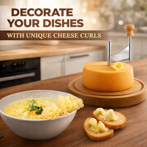 Cheese Curler Slicer, Stainless Steel Sharp Blade, Rose Shaped Cuts-Cheese and Chocolate Curler Tool Wooden Base Cheese Shaver Suitable for Home Parties, Restaurants, Cafes