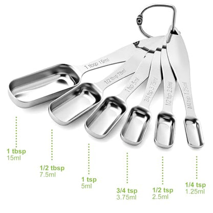 FANGSUN Stainless Steel Narrow Measuring Spoons, Metal Measuring Spoons with Long Handle and Engraved Measurements Set of 6, For Dry or Liquid, Fits in Spice Jar - style: Spoons - Set of 6