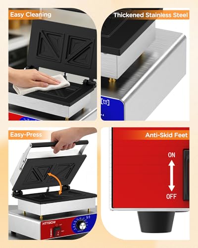 Commercial Sandwich Press, 110V Electric Sandwich Maker w/Adjustable Temp 0–550°F & Timer, Stainless Steel Panini Press Sandwich Maker w/Non-Stick Plates, Makes 2 Grilled Cheese Sandwiches - style: 4 slice