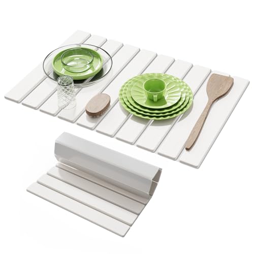 Large Stone Dish Drying Mat for Kitchen Counter,23.6''x15.3'' Foldable Quick Dry Stone Kitchen Mat,Eco-Friendly,Absorbent Diatomaceous Earth Mats for Dishes Bottles Cups Bathroom Any Countertop-White - color: White, size: 23.6" x 15.3"
