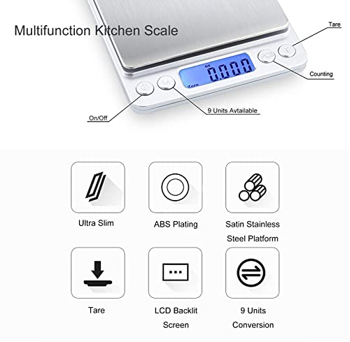 Food Scale Digital Weight 3000g/0.1g Oz Grams and Ounces Kitchen Scale for Cooking Baking with Backlight LCD Display, Tare, 9 Units, Auto Off, 2 Trays, Batteries Included - Stainless Steel - size: 3kg/0.1g