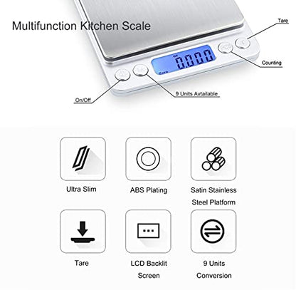 Food Scale Digital Weight 3000g/0.1g Oz Grams and Ounces Kitchen Scale for Cooking Baking with Backlight LCD Display, Tare, 9 Units, Auto Off, 2 Trays, Batteries Included - Stainless Steel - size: 3kg/0.1g