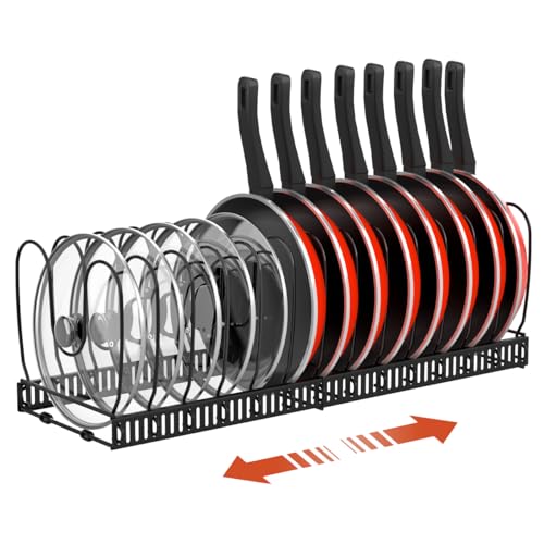 Housolution Pot and Pan Organizer Rack for Cabinet, Expandable Pot Lid Organizer Holder with 14 Adjustable Dividers, Fully Expanded Size 22.83" W x 7.09" D x 7.09" H, Black - color: Black, size: 14 Dividers