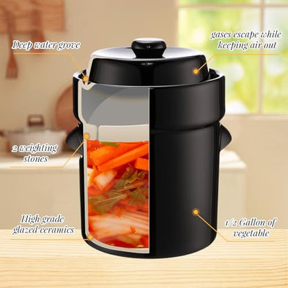 Nuenen 2 Set 1/2 Gallon Fermentation Crock Sauerkraut Crock with Lid Weights & Pounder Ceramic Fermenting Jar Brown Stoneware Pot for Fermenting Pickling Cabbage Sauerkraut Pickles Vegetables