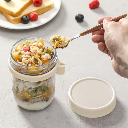 4 Pack Overnight Oats Containers with Lids and Spoons, 16 oz Glass Mason Jars with Airtight Lids, Overnight Oats Jars for Milk, Cereal, Fruit - color: Light Colors