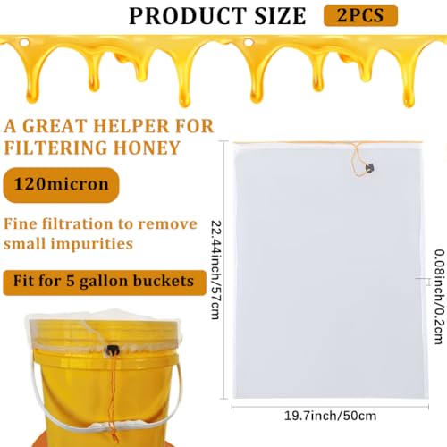 CRASPIRE 2Pcs Honey Filter Bag Honey Strainer in a 5 Gallon Bucket Reusable with Adjustable Drawstring Ultra-Fine Mesh Strainer Beginner Honey Extractor Equipment Washable Bee Supplies for Farmers