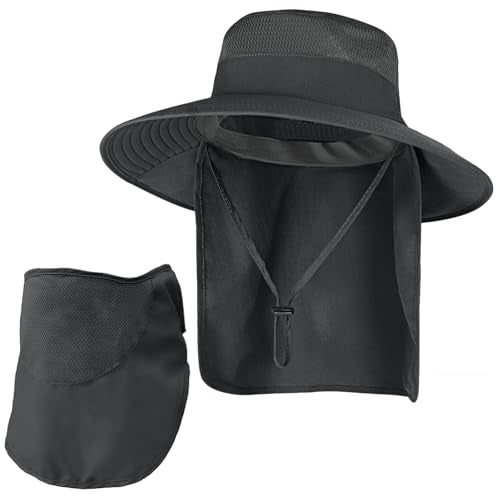 Sun Hats for Men Women Fishing Hat UPF 50+ Breathable Wide Brim Bucket Hats Summer UV Protection Safari Hat with Neck Flap - color: Black (With Face Cover)