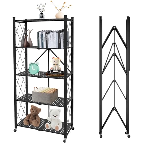 5 Tier Folding Shelf with Wheels,Metal Steel Collapsible Shelves,No Assembly Portable Shelves Organizer Rack,Rolling Standing Utility Rack for Kitchen, Pantry, Office, Black - color: Black, size: 5 Tier