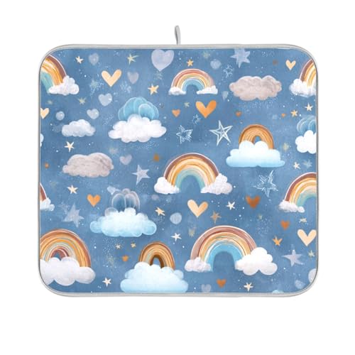 Dish Drying Mat for Kitchen Counter Dish Mat Dish Drainer Mats Kitchen Drying Mat Pad Microfiber Absorbent Reversible 16x18 Inch Blue Cute Rainbow Hearts Clouds Stars - color: Blue Cute Rainbow Hearts Clouds Stars, size: 18" x 16"