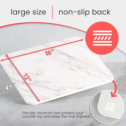 Stone Drying Mat for Kitchen Counter – Diatomaceous Earth Dish Drying Stone (White Marble) – Modern Countertop Drying Rack – Water Absorbent, Heat Resistant, Non-Slip Kitchen Mat with Towel (16"x12")
