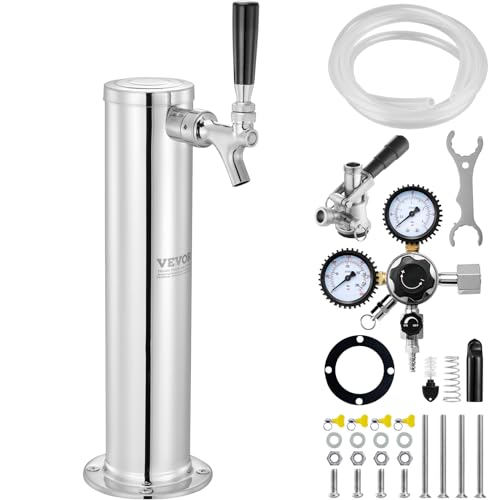 VEVOR Kegerator Tower Kit, Single Tap Beer Conversion Kit, Stainless Steel Keg Beer Tower Dispenser with Dual Gauge CGA320 Regulator & D-System Keg Coupler, Self-Closing Spring for Party Bar Home - style: Single Faucet Beer Tower