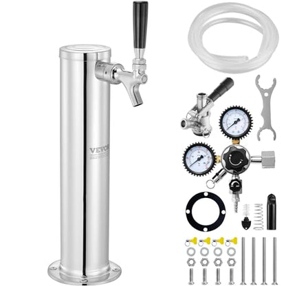 VEVOR Kegerator Tower Kit, Single Tap Beer Conversion Kit, Stainless Steel Keg Beer Tower Dispenser with Dual Gauge CGA320 Regulator & D-System Keg Coupler, Self-Closing Spring for Party Bar Home - style: Single Faucet Beer Tower