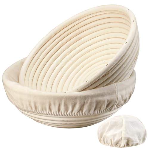 Dimpola Banneton Bread Proofing Basket - 9 inch Banneton Basket Set of 2 Sourdough Proofing Basket Round Proofing Bowls Handmade Rattan Baskets and Liners - style: Round 9 inch set of 2
