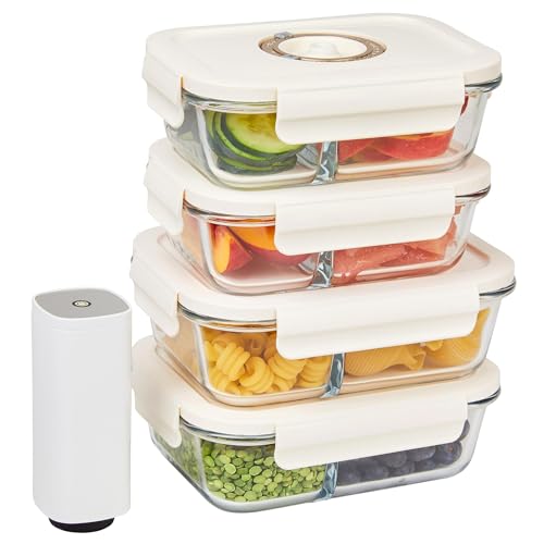 HOLDN’ STORAGE Vacuum Food Storage Containers, Set of 4 Compartment Containers & Electronic Pump - Keep Food Fresh Longer, BPA-Free Glass, Leak-Proof, Ideal for Meal Prep, Marinating - size: Set of 4 Compartment: Electronic Pump